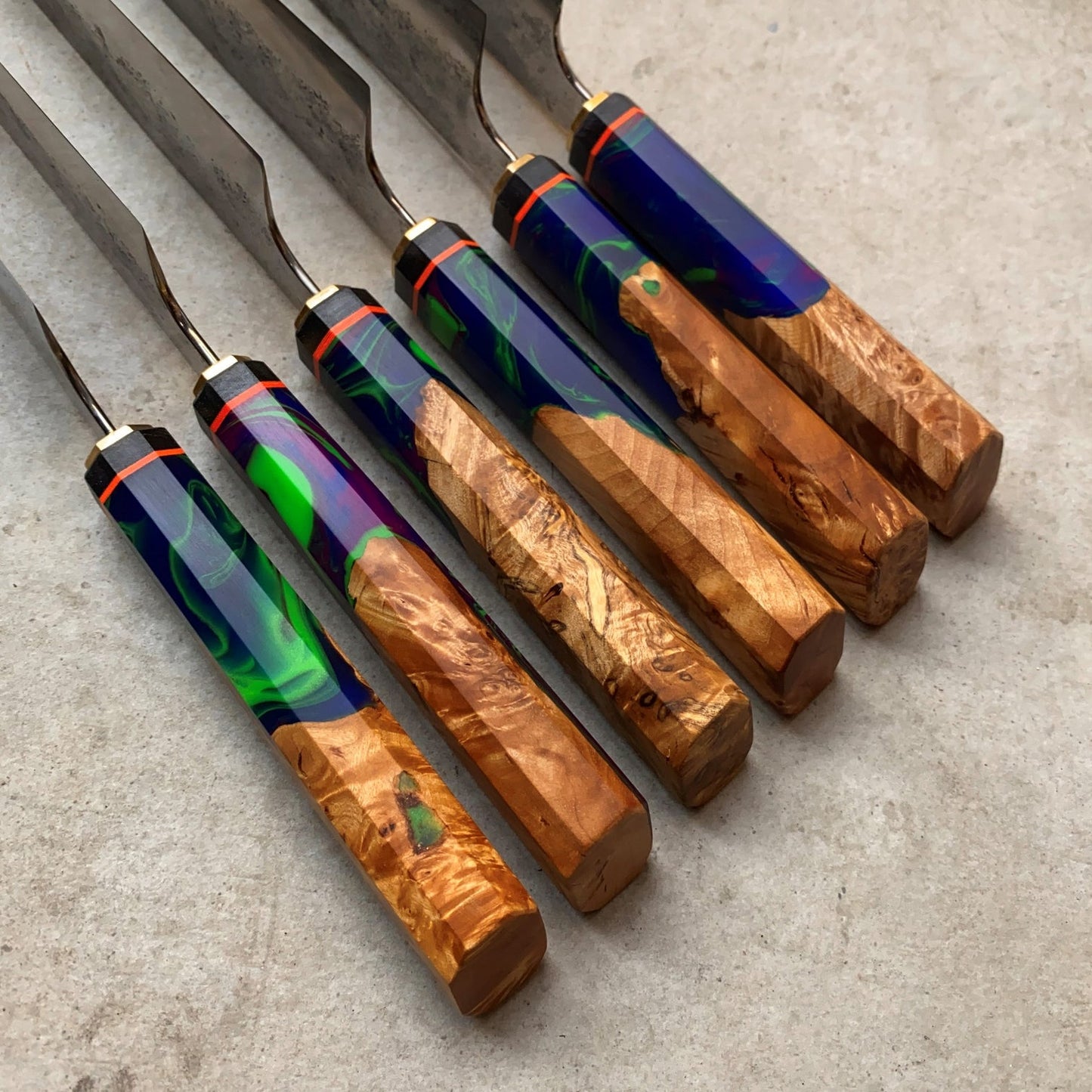 A. 190mm Chefs Knife. Nashiji Leaf Spring. Stabilized Maple+Resin. (SOLD SEPARATELY) (Copy)