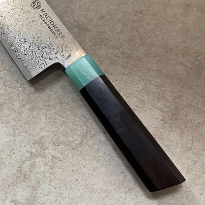 180mm Bunka. Damascus AUS10. Ebony Handle. Jade G10 Ferrule
