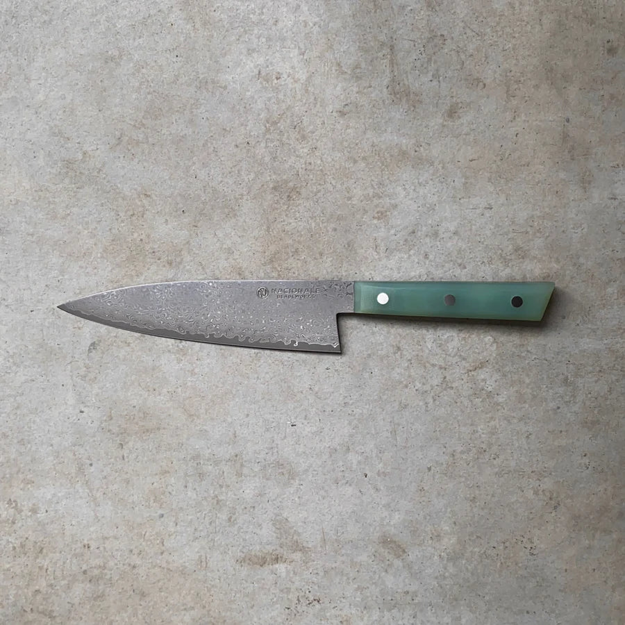 180mm Chefs Knife. Damascus AUS10 Full Tang. Jade G10 Scales