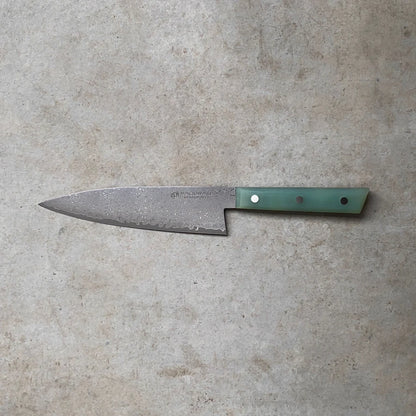 180mm Chefs Knife. Damascus AUS10 Full Tang. Jade G10 Scales