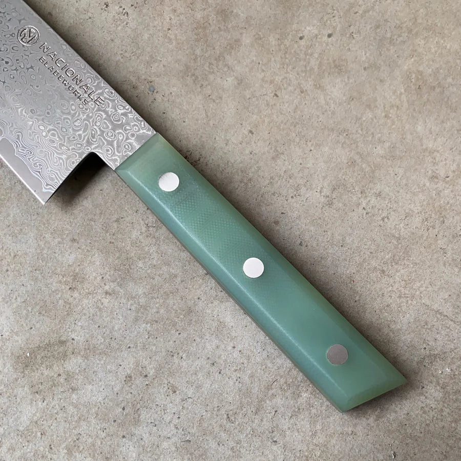 180mm Chefs Knife. Damascus AUS10 Full Tang. Jade G10 Scales