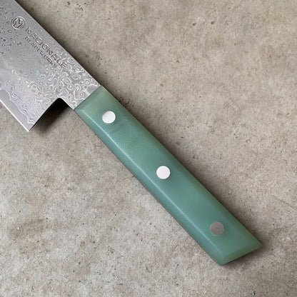 180mm Chefs Knife. Damascus AUS10 Full Tang. Jade G10 Scales