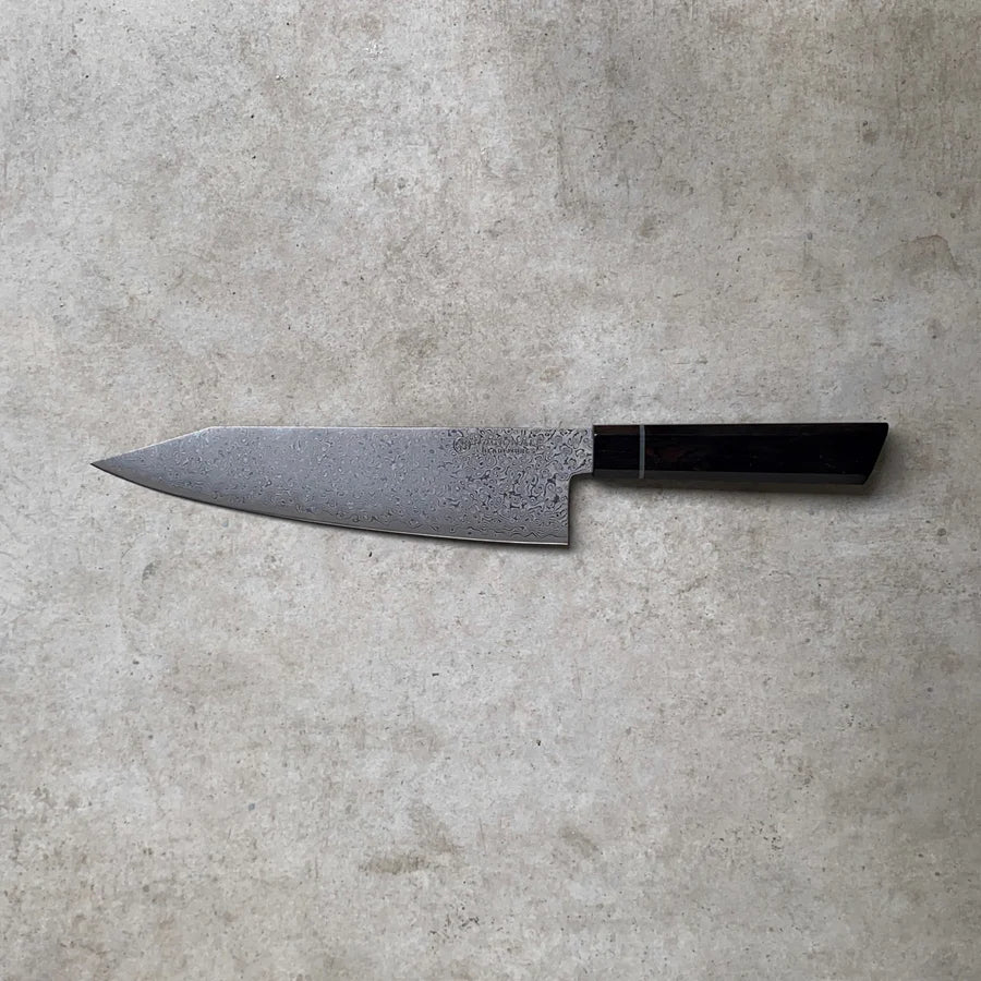 215mm Ktip Gyuto. Damascus AUS10. Ebony + G10 Spacer