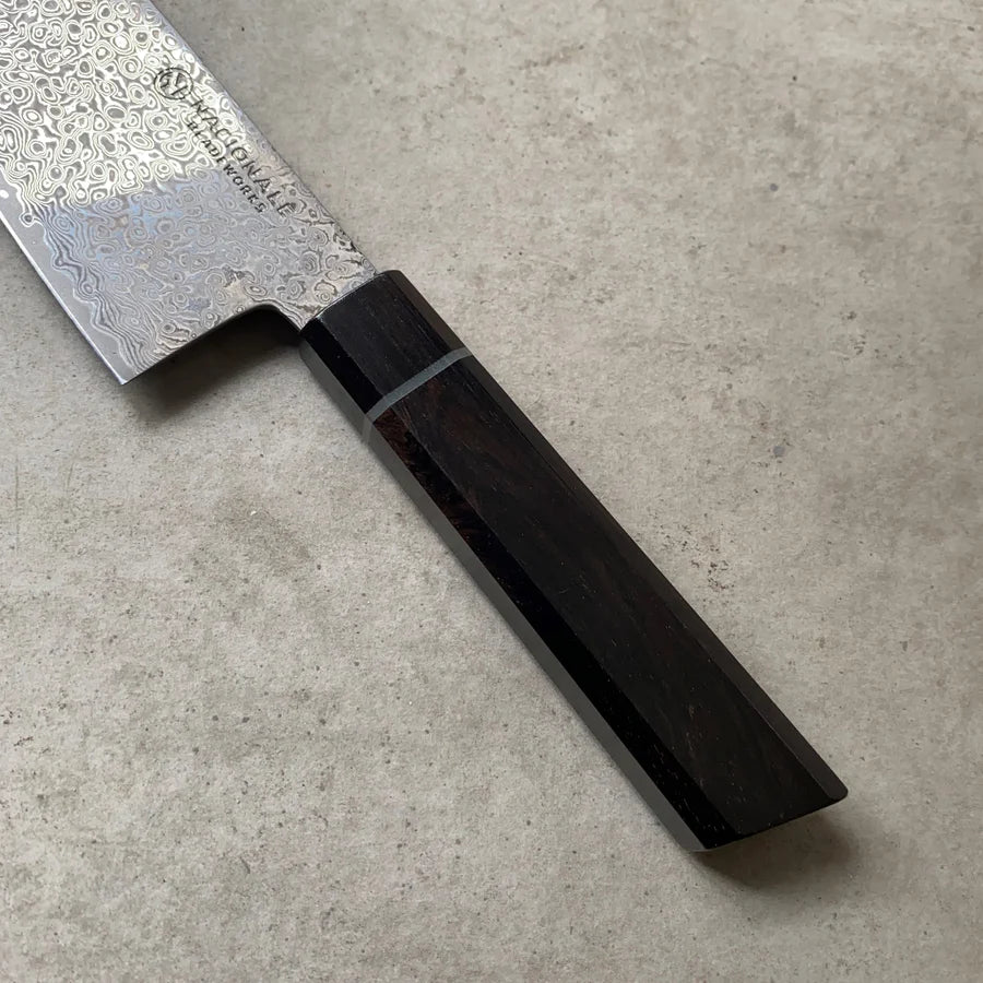 215mm Ktip Gyuto. Damascus AUS10. Ebony + G10 Spacer