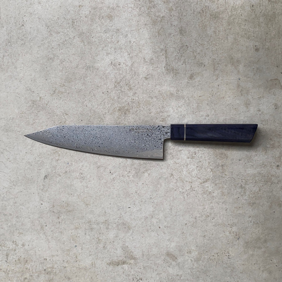 215mm Ktip Gyuto. Damascus AUS10. Navy Blue Micarta + Stainless Spacer