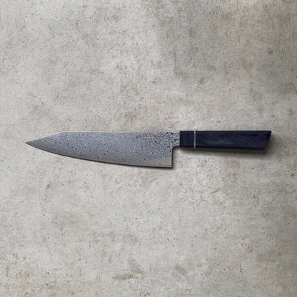 215mm Ktip Gyuto. Damascus AUS10. Navy Blue Micarta + Stainless Spacer