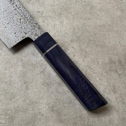 215mm Ktip Gyuto. Damascus AUS10. Navy Blue Micarta + Stainless Spacer