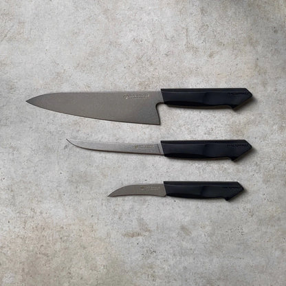3pc Set. 215mm Chefs Knife + 150mm Boning Knife + 90mm Paring Knife. AUS8 Steel. Recycled Plastic Skateboard Material Handle