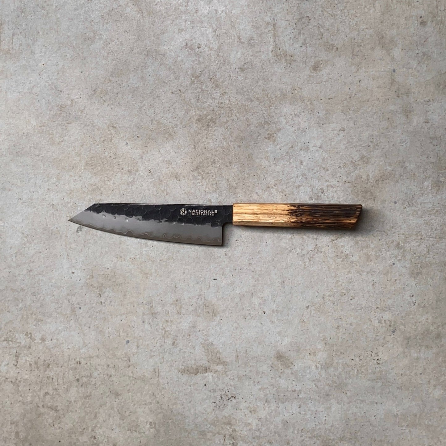 145mm K-tip Petty. Hammered San Mai 440C Stainless. Burnt Oak Handle