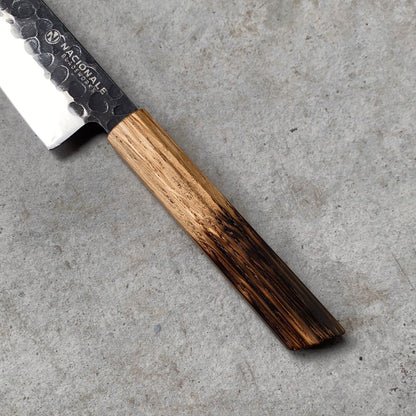 145mm K-tip Petty. Hammered San Mai 440C Stainless. Burnt Oak Handle