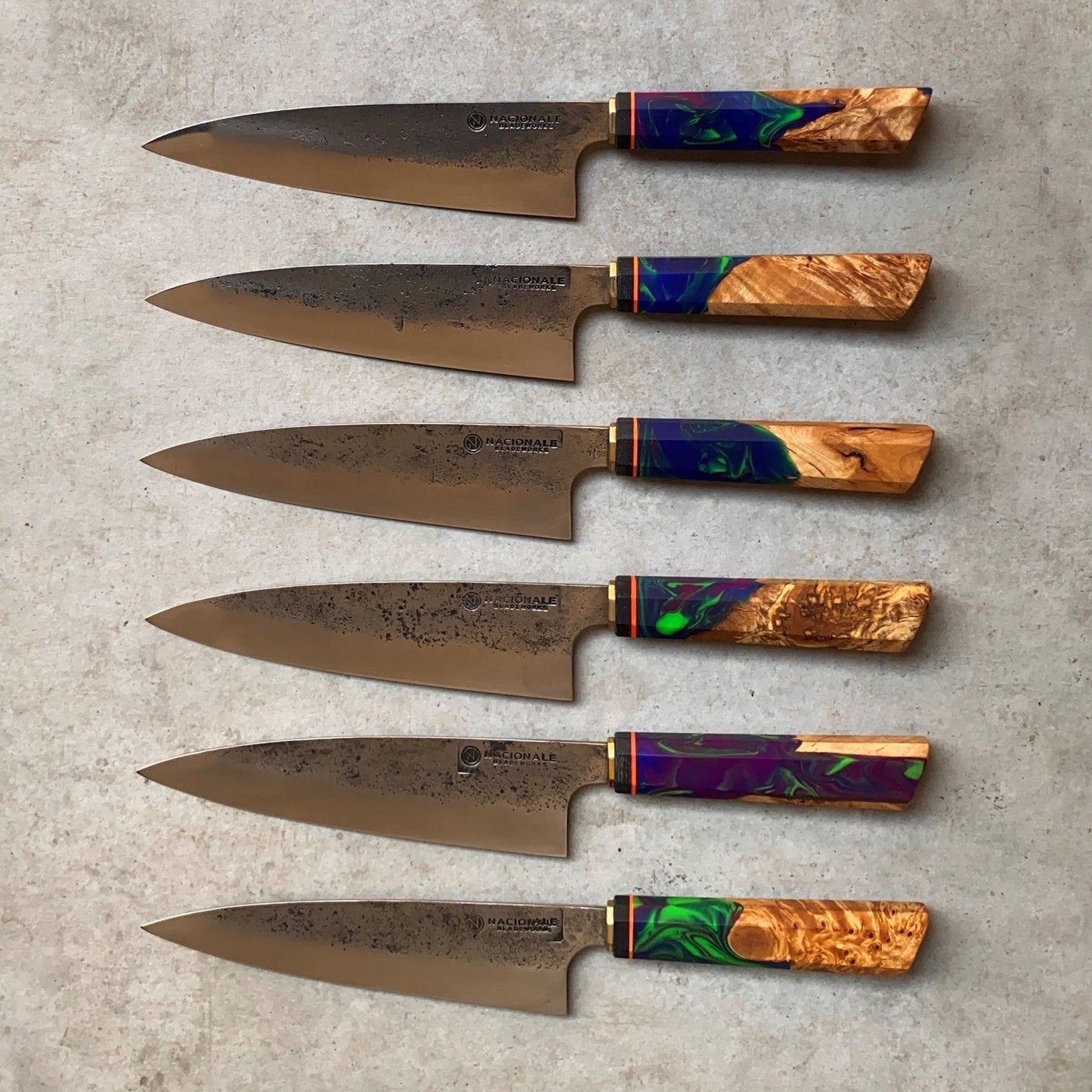 A. 190mm Chefs Knife. Nashiji Leaf Spring. Stabilized Maple+Resin. (SOLD SEPARATELY) (Copy)