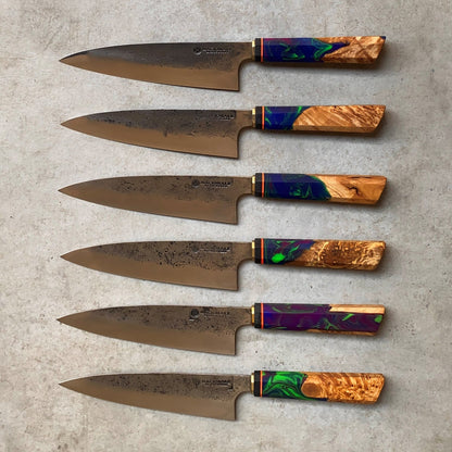 A. 190mm Chefs Knife. Nashiji Leaf Spring. Stabilized Maple+Resin. (SOLD SEPARATELY) (Copy)