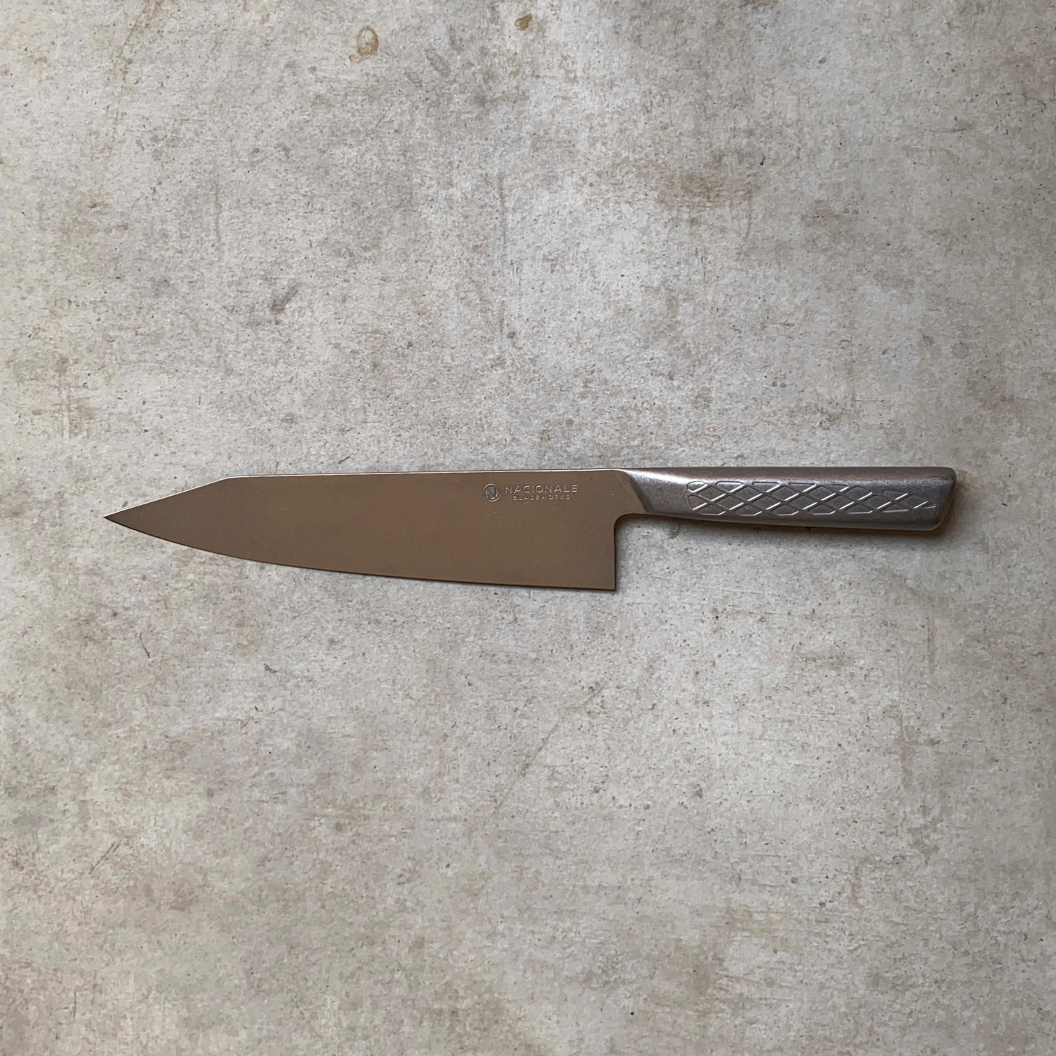 215mm K-tip Gyuto. Stonewashed AUS8 Steel. Skate Waffle Stonewashed Steel Handle