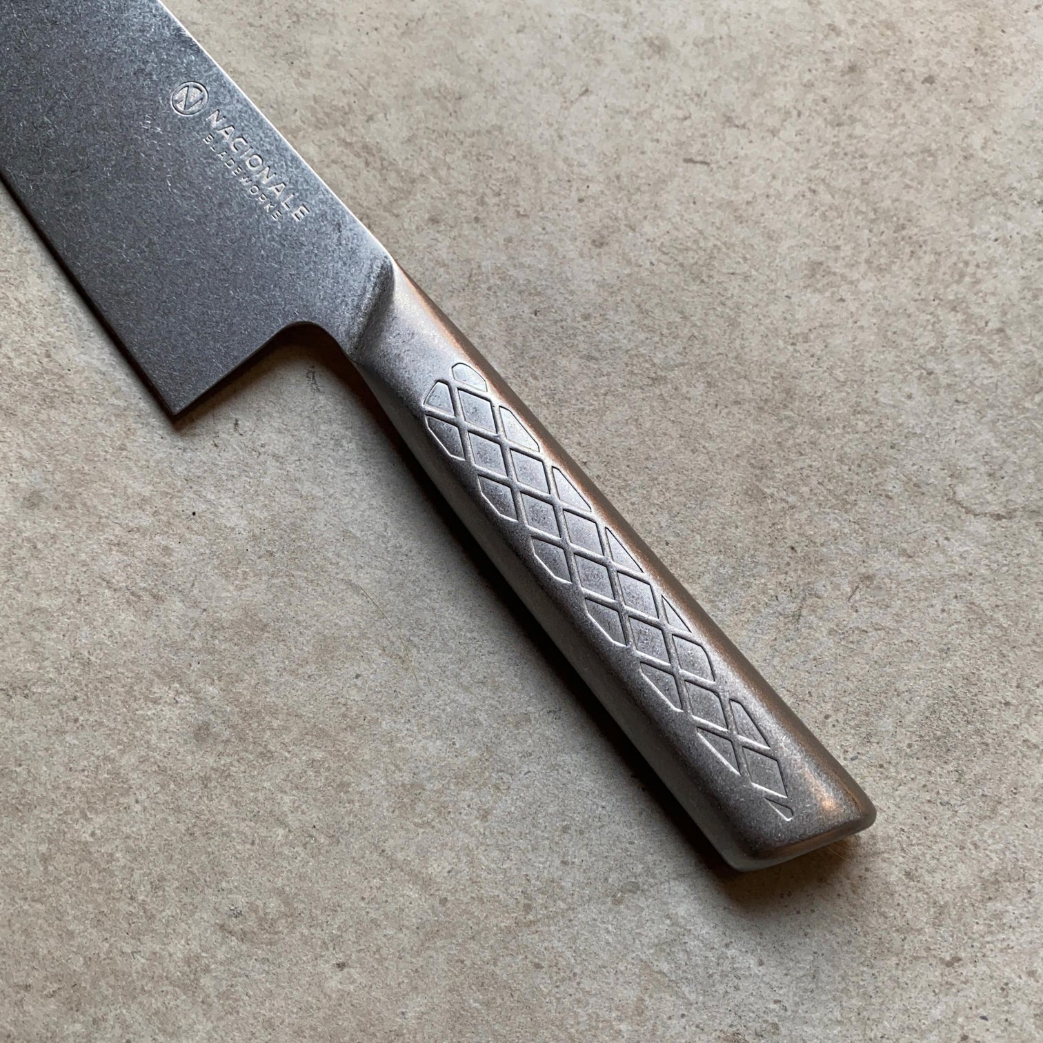 215mm K-tip Gyuto. Stonewashed AUS8 Steel. Skate Waffle Stonewashed Steel Handle