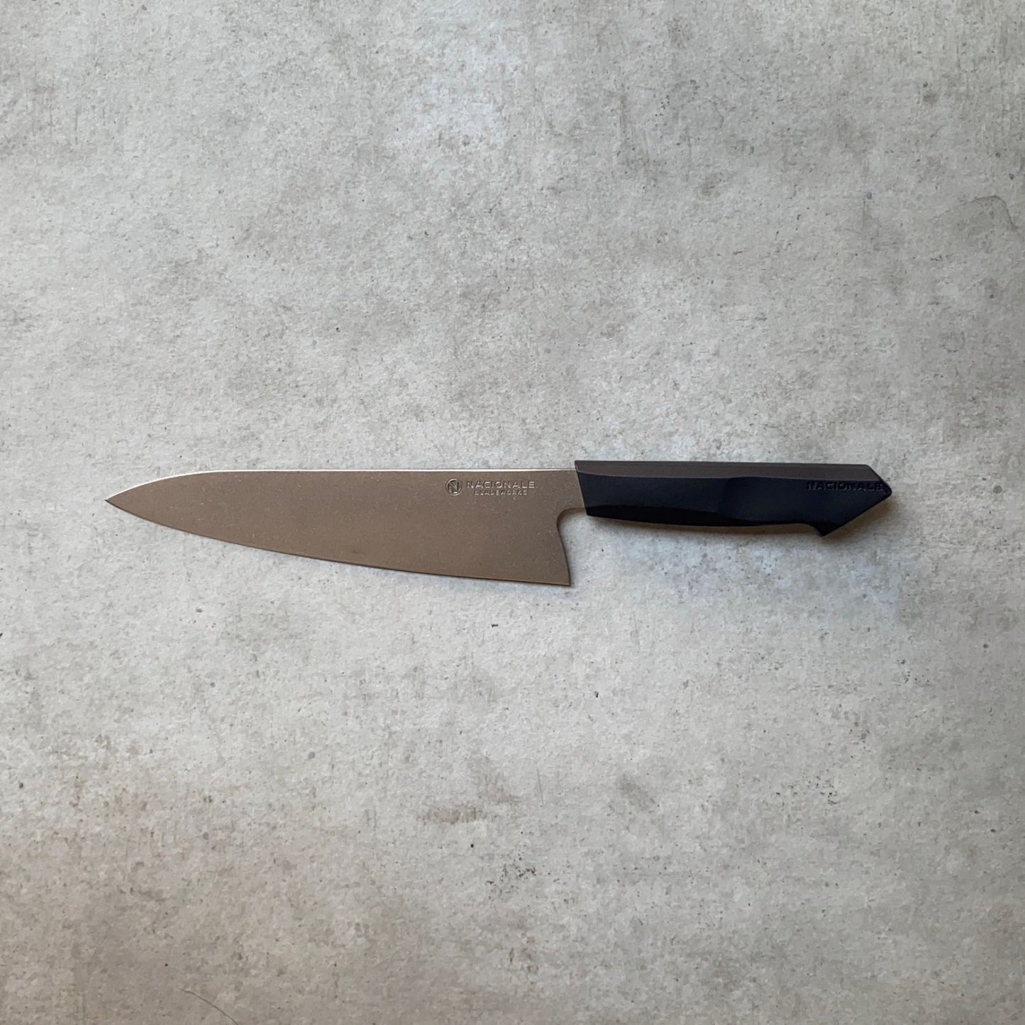215mm Chefs Knife. AUS8 Steel. Black Recycled Plastic Skateboard Material Handle