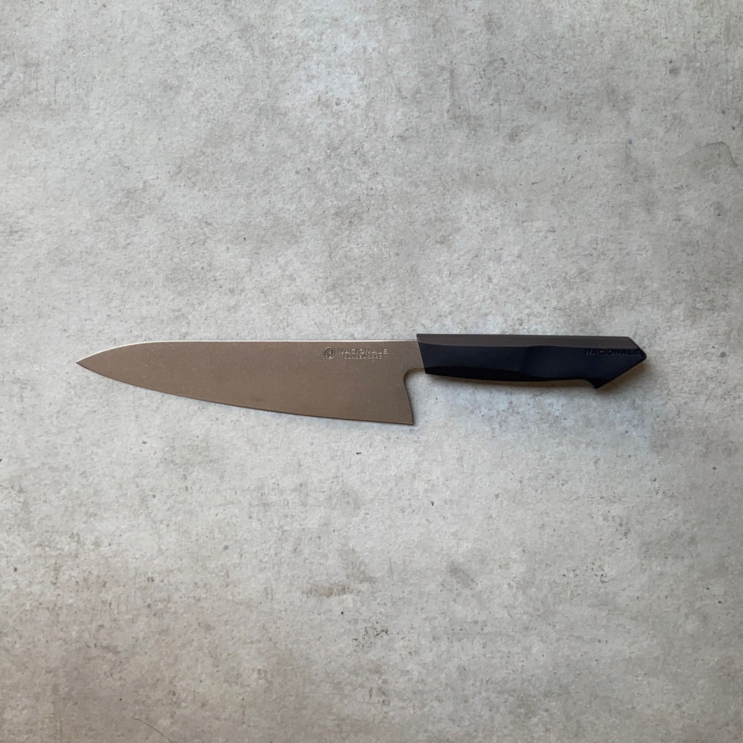 215mm Chefs Knife. AUS8 Steel. Black Recycled Plastic Skateboard Material Handle