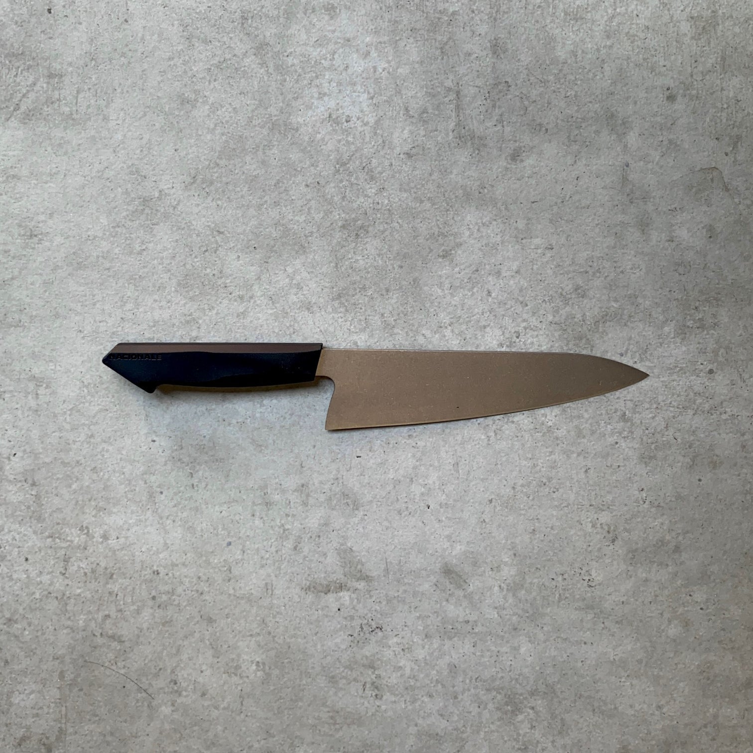215mm Chefs Knife. AUS8 Steel. Black Recycled Plastic Skateboard Material Handle