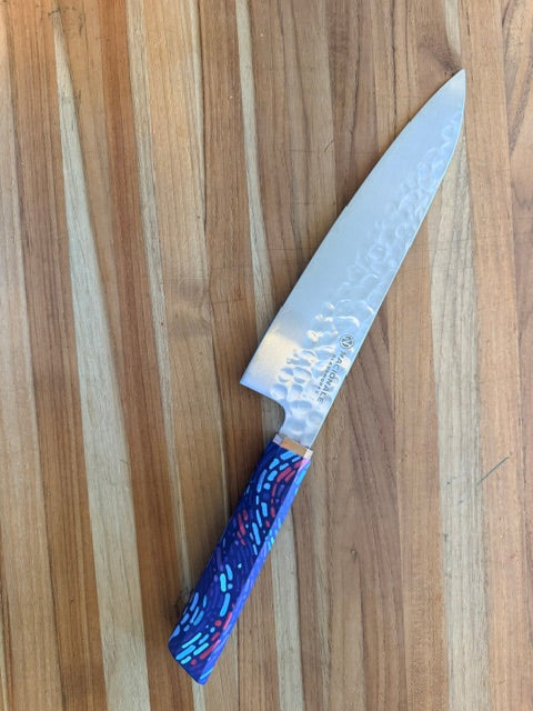 215mm Gyuto. Hammered + Graffiti BLUE Handle (Hand Painted) Pakkawood + Copper Ferrule
