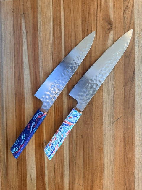 215mm Gyuto. Hammered + Graffiti WHITE Handle (Hand Painted) Pakkawood + Copper Ferrule