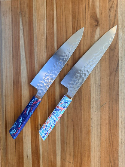 215mm Gyuto. Hammered + Graffiti BLUE Handle (Hand Painted) Pakkawood + Copper Ferrule