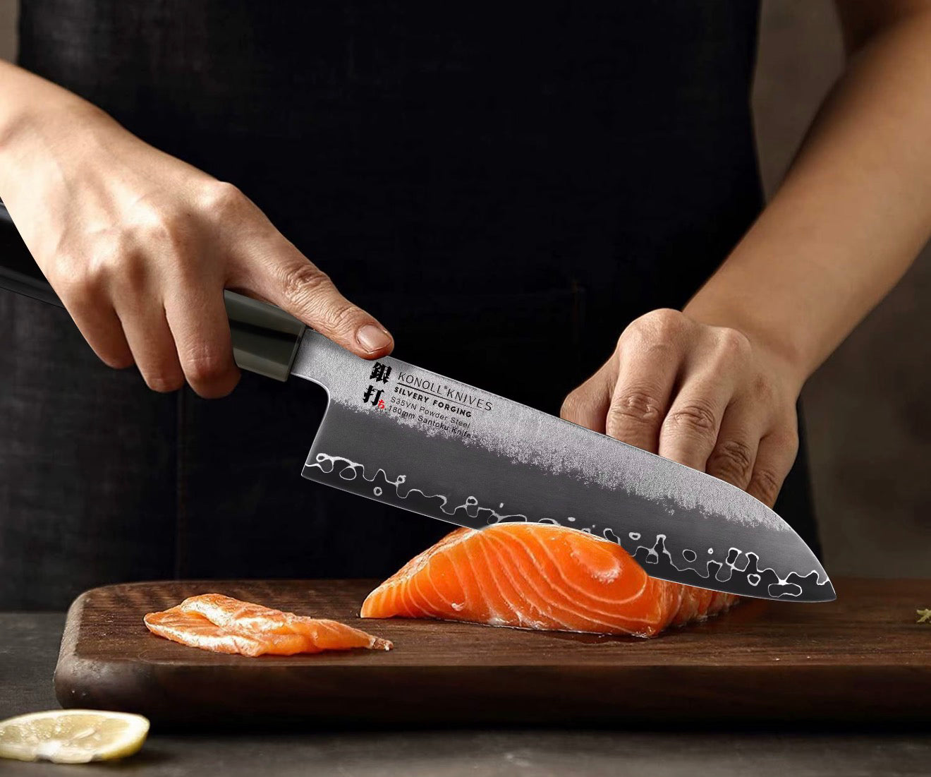 KONOLL 210MM Buffalo Horn & Ebony Wood Handle Silvery Santoku