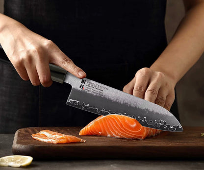 KONOLL 210MM Buffalo Horn & Ebony Wood Handle Silvery Santoku