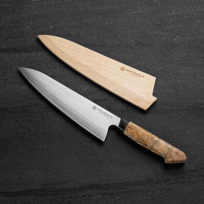 NACIONALE 215mm Chefs Knife. San Mai AUS10 Stainless. Maple Burl