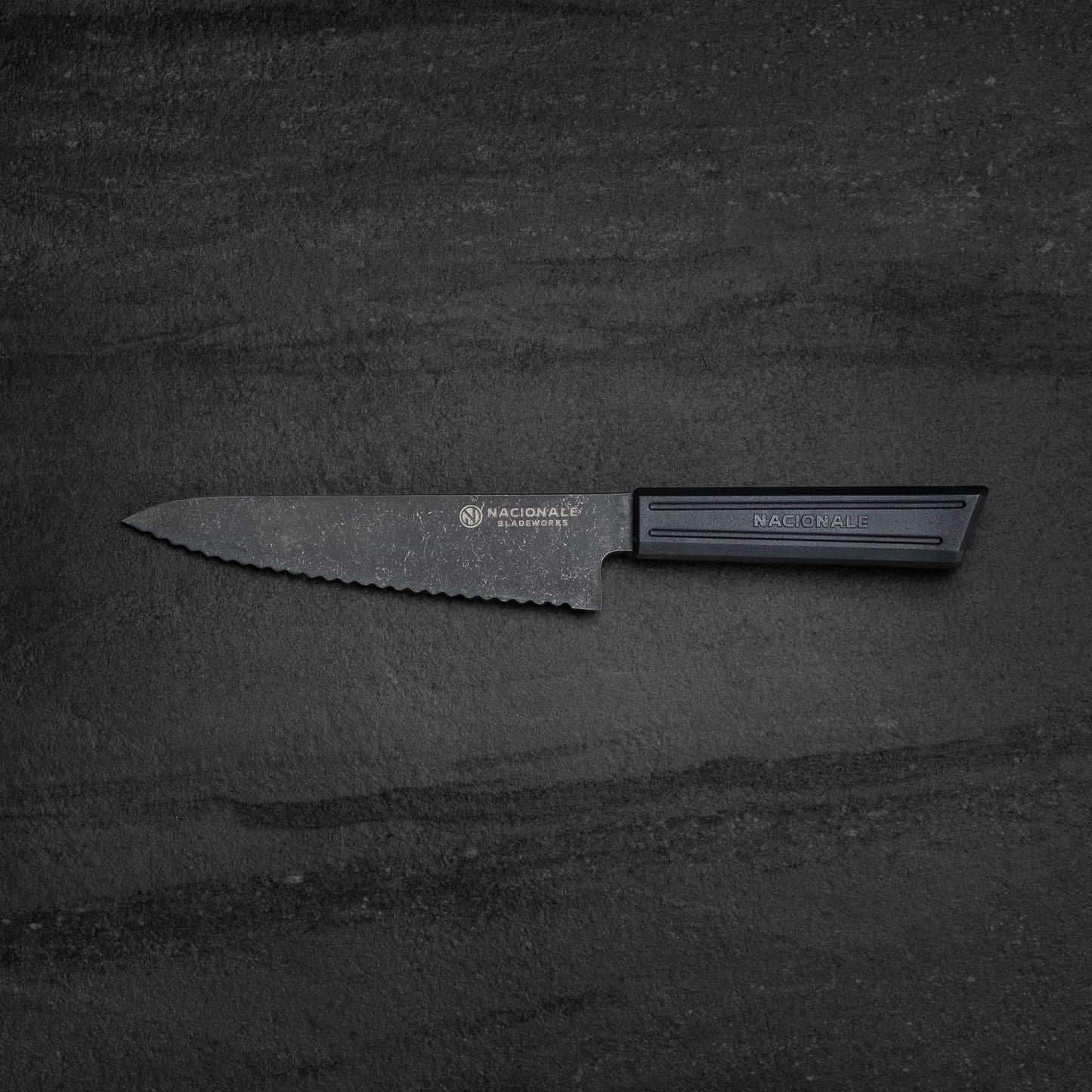 NACIONALE BLADEWORKS 165mm Serrated Petty Knife. Black Stonewashed AUS8. Black R
