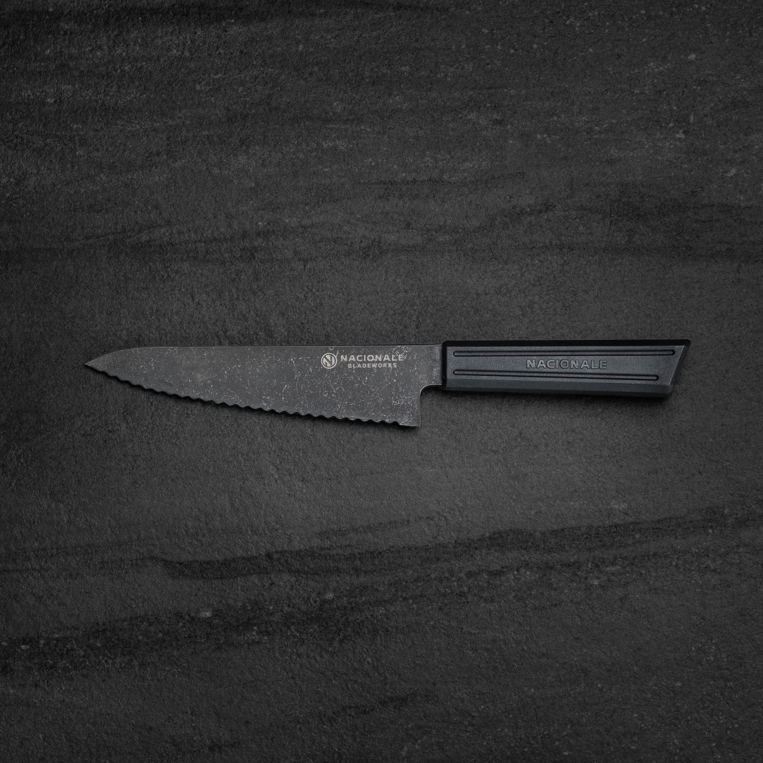 NACIONALE BLADEWORKS 165mm Serrated Petty Knife. Black Stonewashed AUS8. Black R