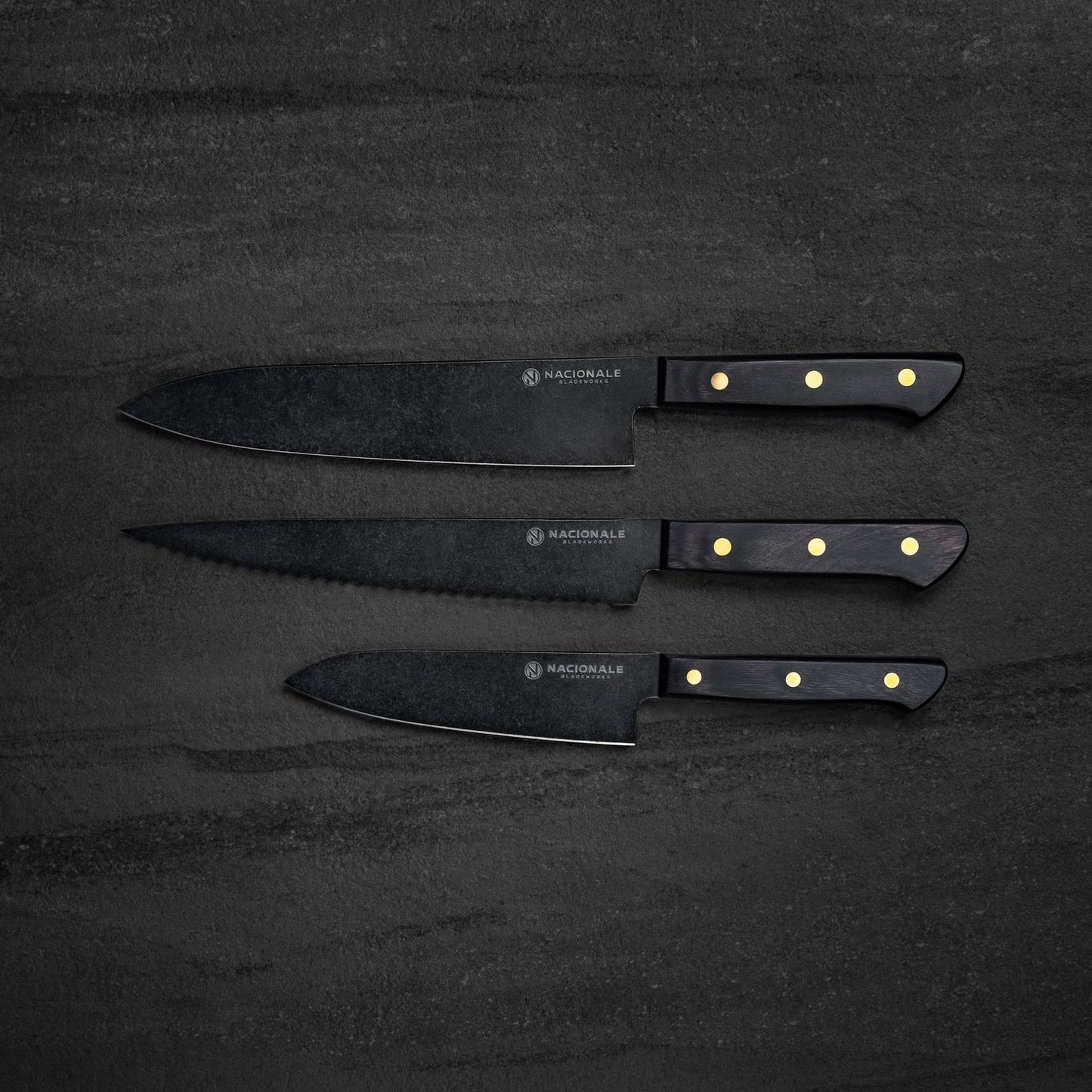 NACIONALE BLADEWORKS 3-piece Set. Full Tang Gyuto / Serrated / Petty. Black Pakk