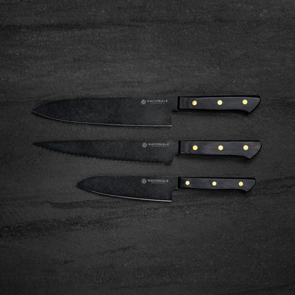 NACIONALE BLADEWORKS 3-piece Set. Full Tang Gyuto / Serrated / Petty. Black Pakk