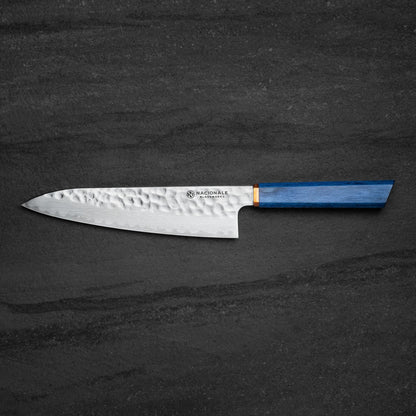 NACIONALE BLADEWORKS 215mm Gyuto. Hammered San Mai 440C Stainless. Blue Pakka /
