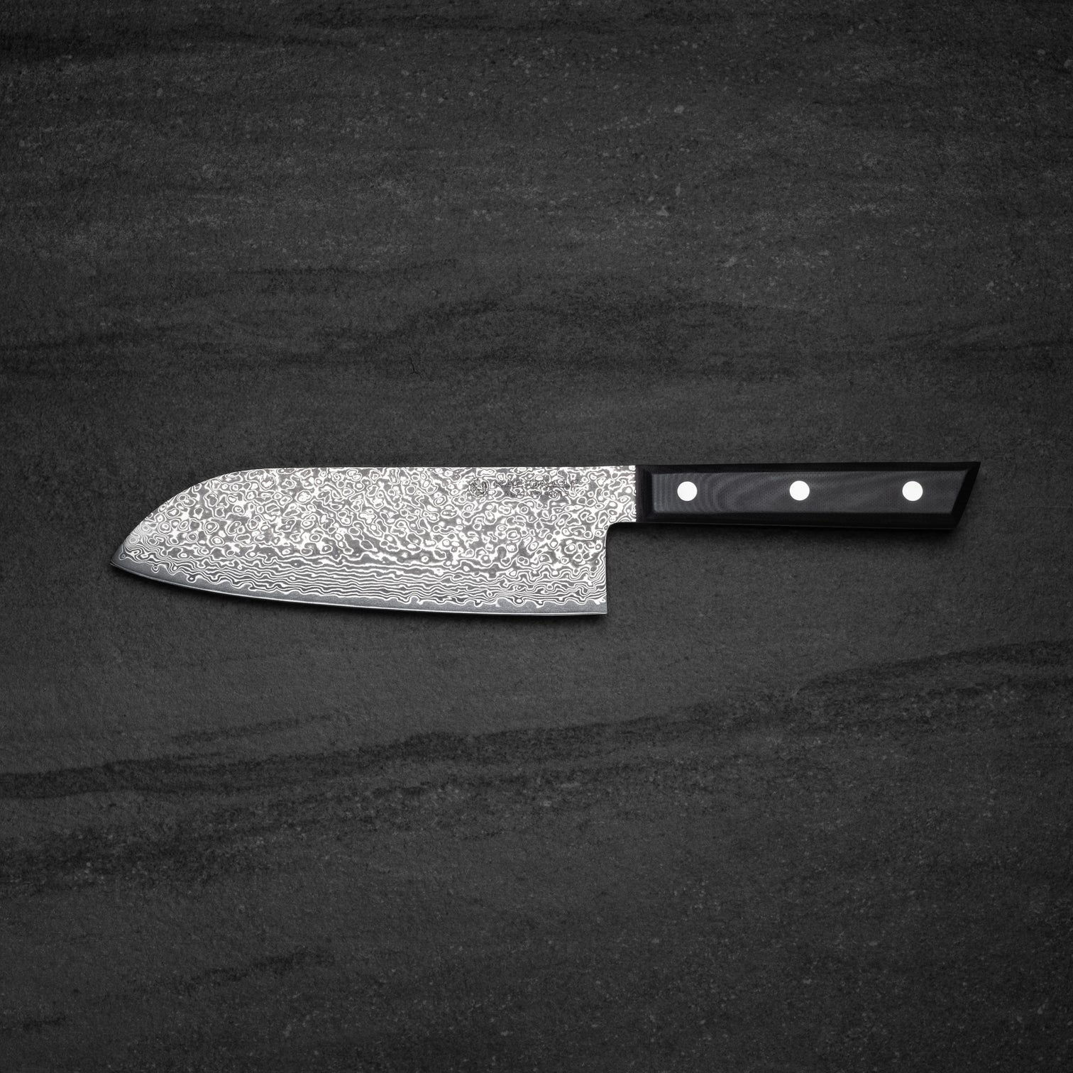 180mm Tall Damascus Santoku. Full Tang. Black G10 Scales
