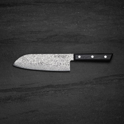 180mm Tall Damascus Santoku. Full Tang. Black G10 Scales