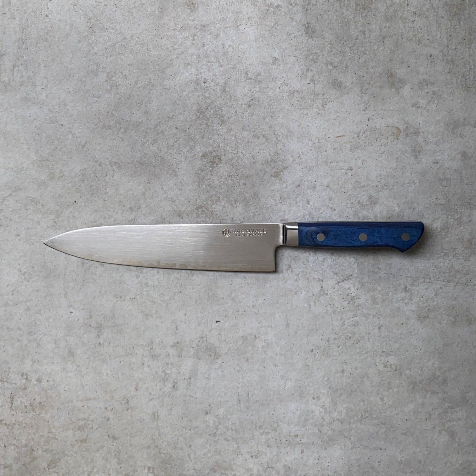215mm Gyuto. San Mai AUS10 Stainless. Bolstered Blue Pakkawood Handle