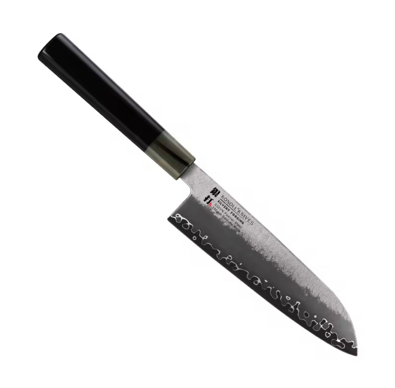 KONOLL 210MM Buffalo Horn & Ebony Wood Handle Silvery Santoku