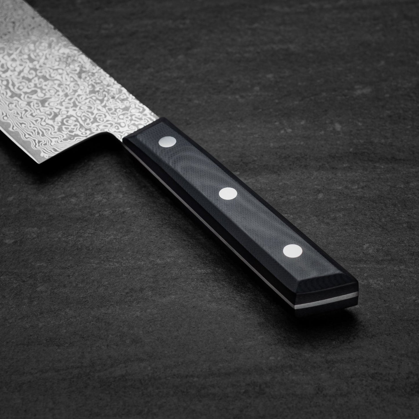180mm Tall Damascus Santoku. Full Tang. Black G10 Scales