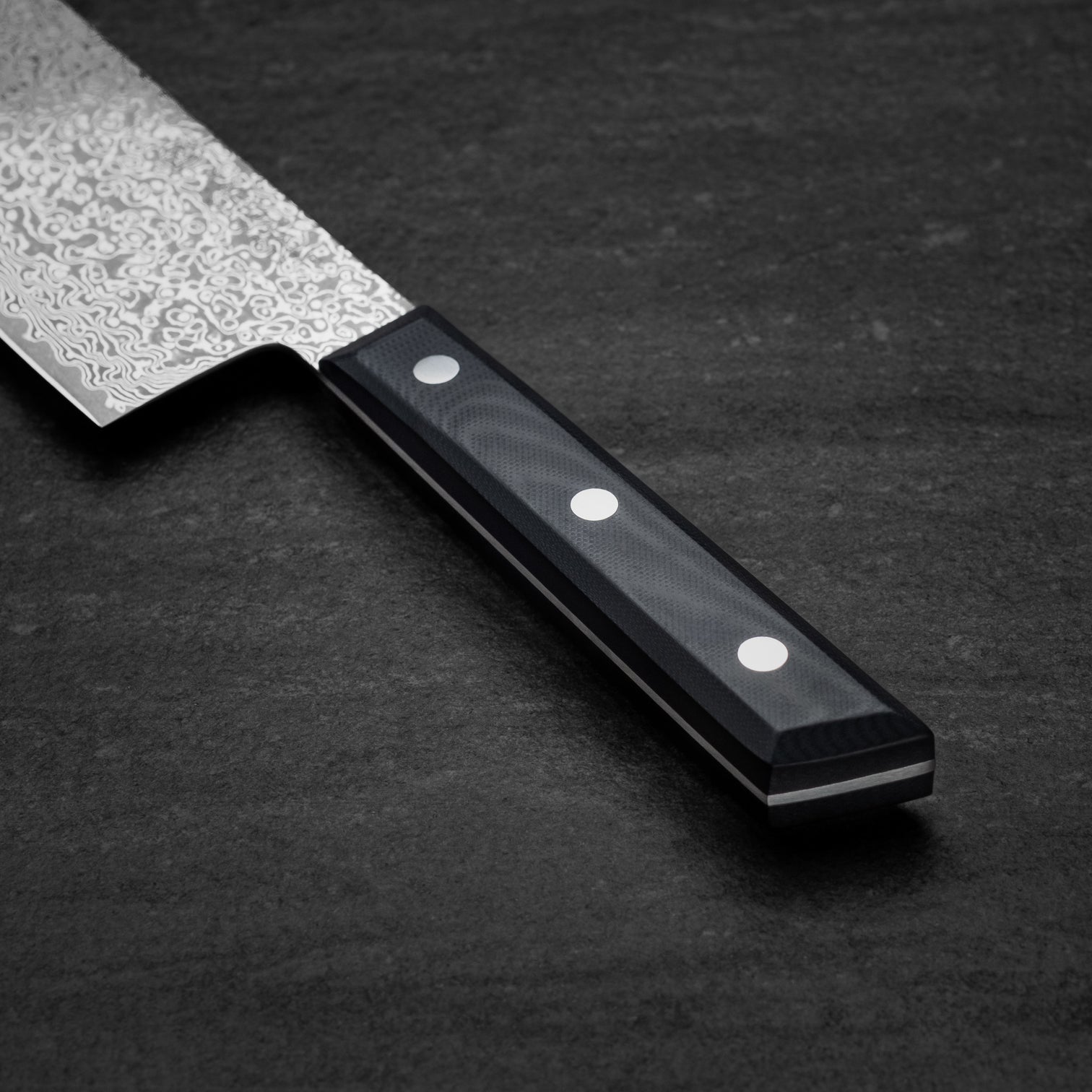 180mm Tall Damascus Santoku. Full Tang. Black G10 Scales
