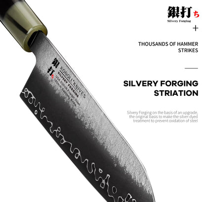 KONOLL 210MM Buffalo Horn & Ebony Wood Handle Silvery Santoku