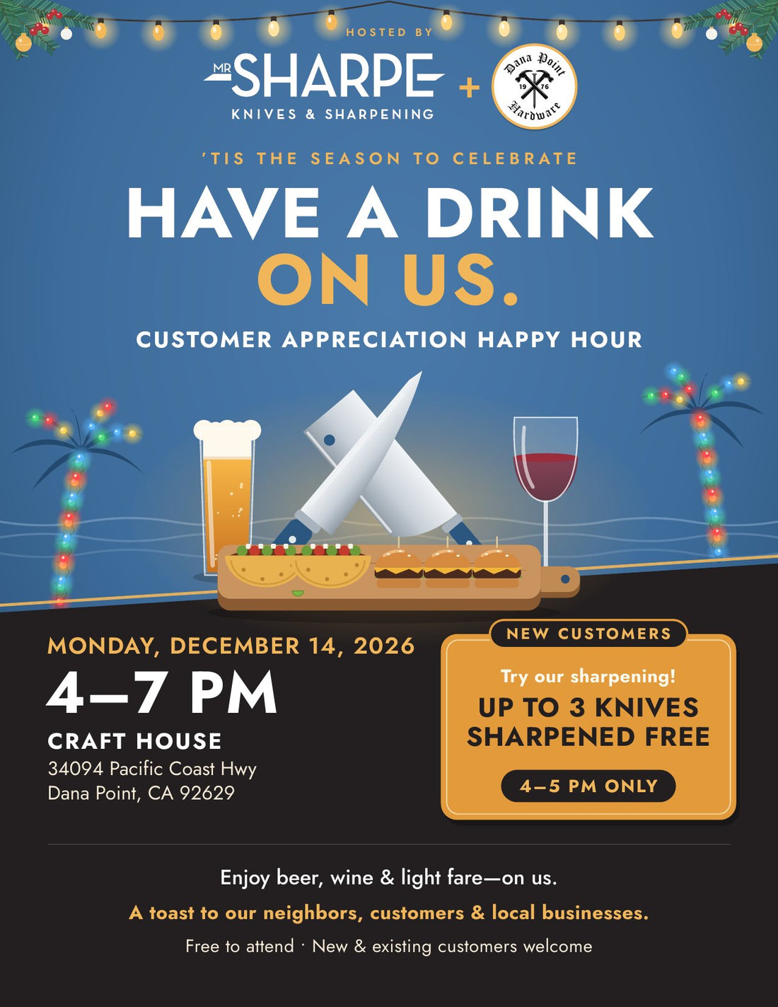 Holiday Happy Hour flyer: Mon Dec 14, 4–7 PM at Craft House, Dana Point, hosted by Mr. Sharpe and Dana Point Hardware