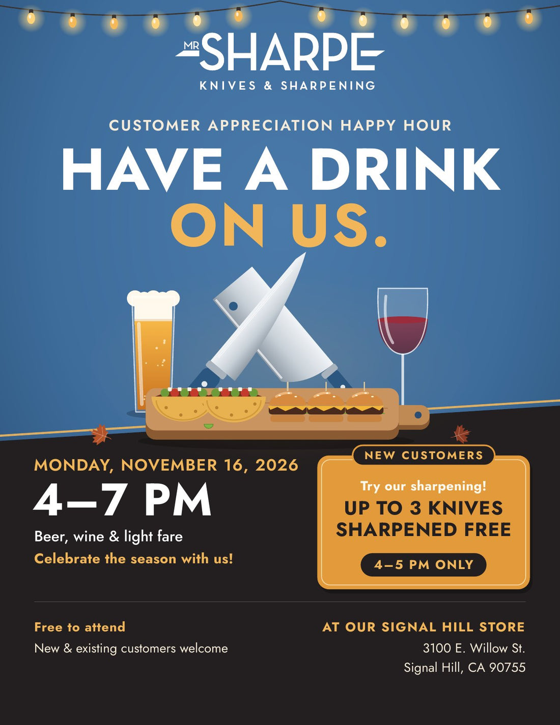 Pre-Turkey Day Happy Hour flyer: Mon Nov 16, 4–7 PM at Mr. Sharpe, Signal Hill
